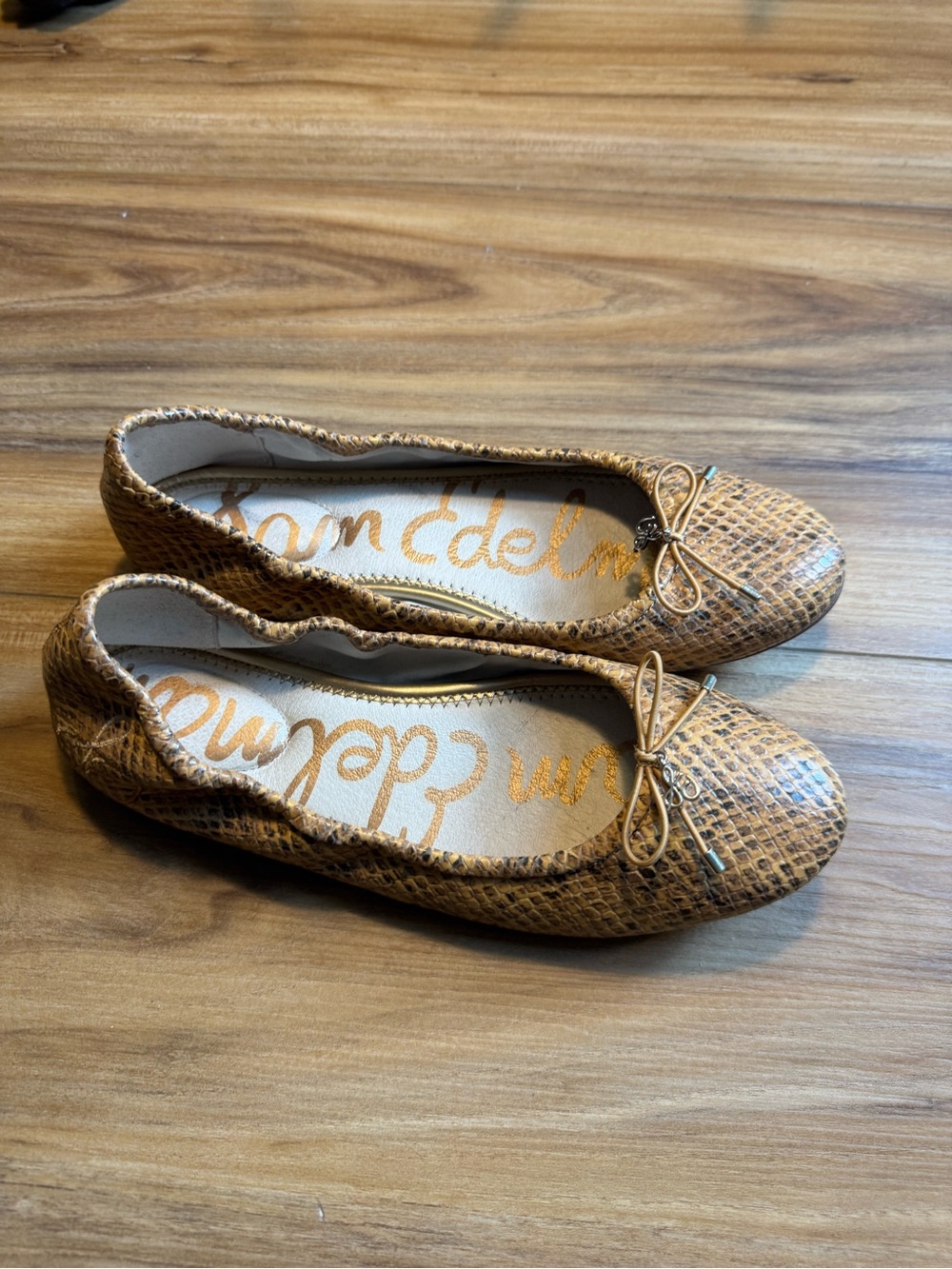 Sam Edelman Leather Tan Snake-Effect Bow Ballet Flats